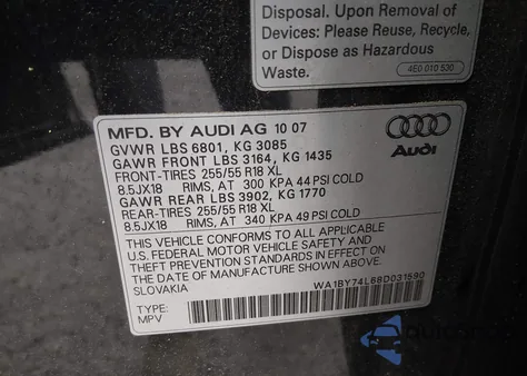 2008 Audi Q7 3.6 Premium z USA, uszkodzony, nr VIN WA1BY74L68D031590